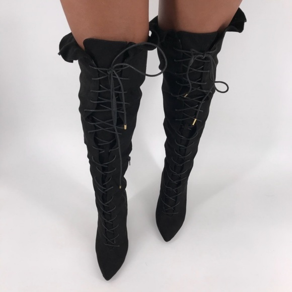 Shoes - RESTOCKED Faux Suede Lace Up Knee Hi Boots – Black